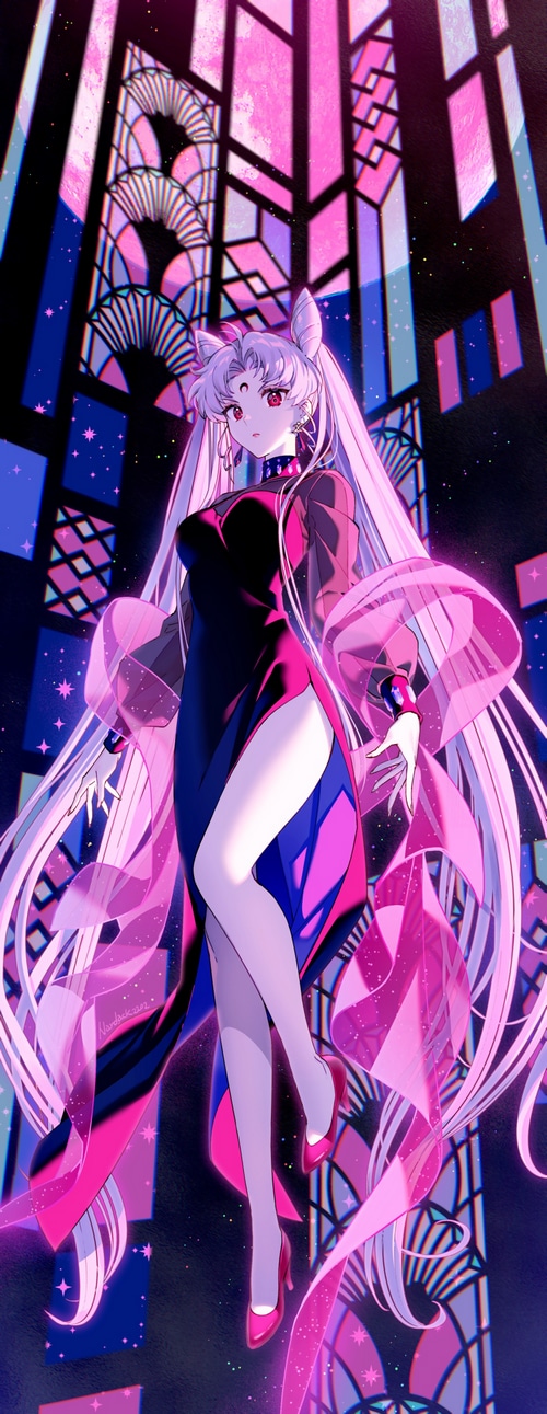 Sailor Moon character in a dark dress with stained glass background