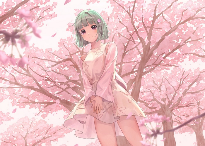 Anime girl with green hair under cherry trees
