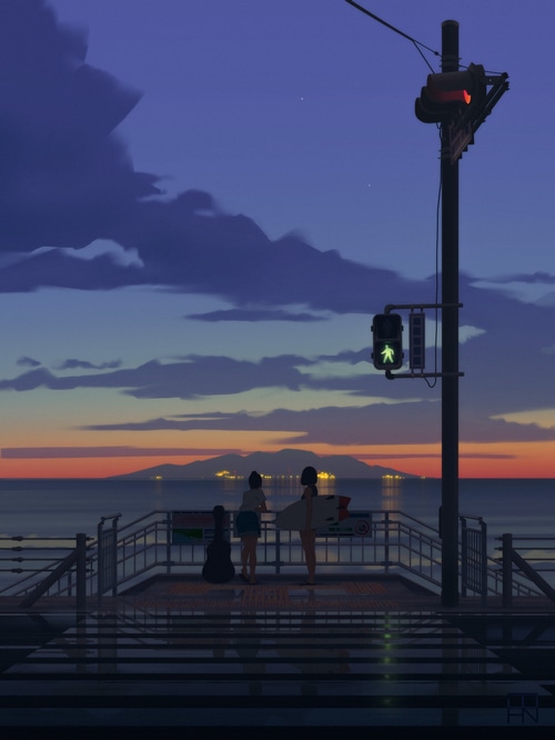 Anime girls with surfboard and guitar by the sea at sunset