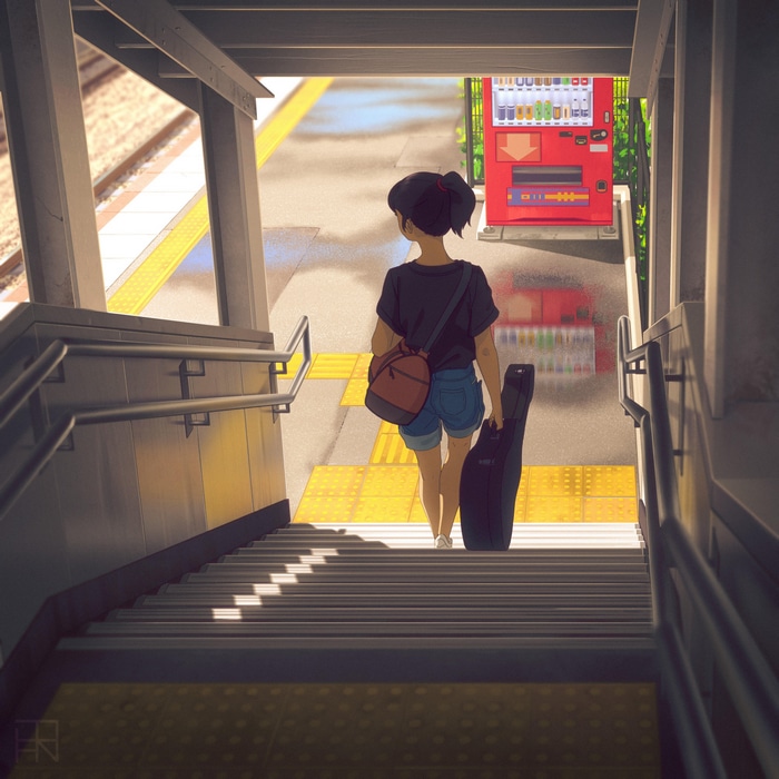 Girl with guitar case at subway station