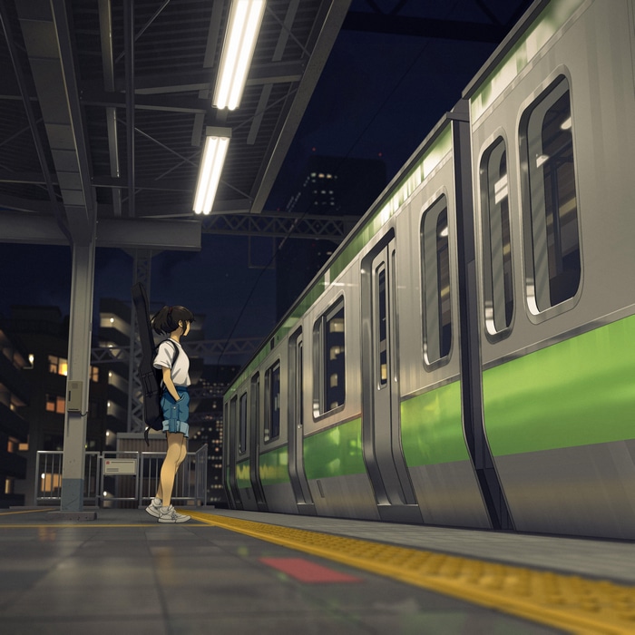 Girl waiting for train at night