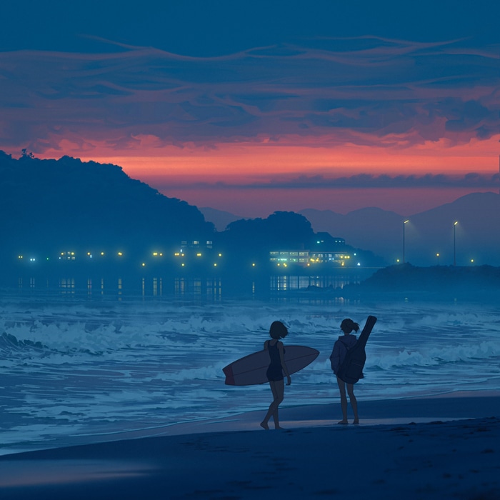 4K twilight beach with surfers and guitar