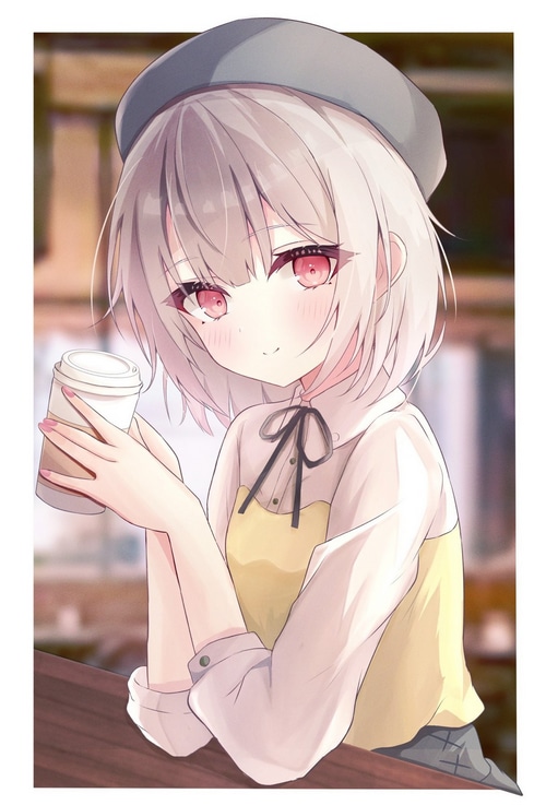 Anime girl with pink eyes holding a coffee cup