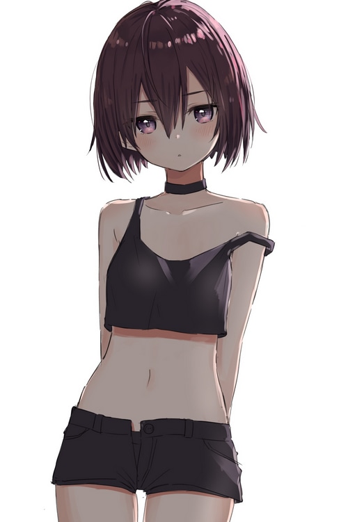 Anime girl with dark hair wearing a crop top and shorts