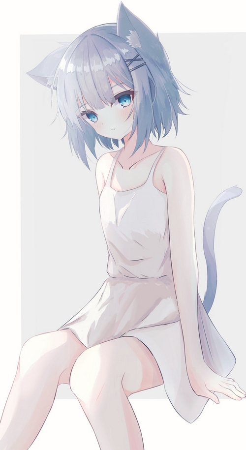 Anime cat girl with blue eyes and white dress