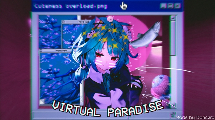 Uruha Rushia in a Virtual Paradise Vaporwave Aesthetic