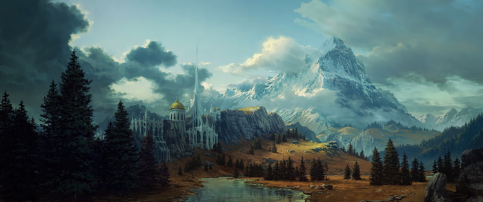 4K castle in mountains with clouds and trees