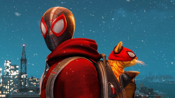 Spider-Man Miles Morales with a cat in a backpack