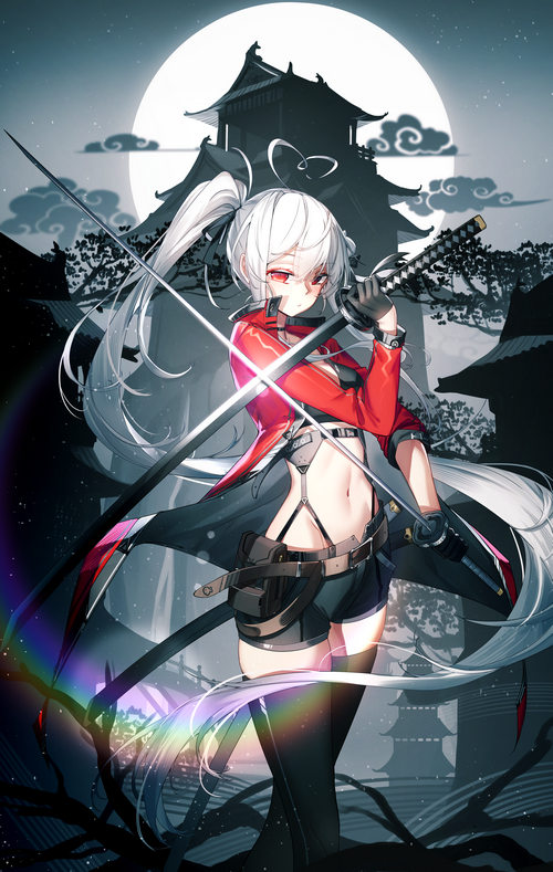 Girl with white hair and red eyes holding katanas