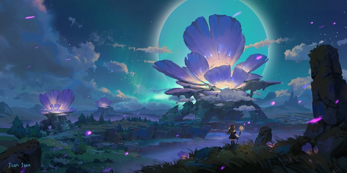 Fantasy landscape with giant glowing flowers and a girl
