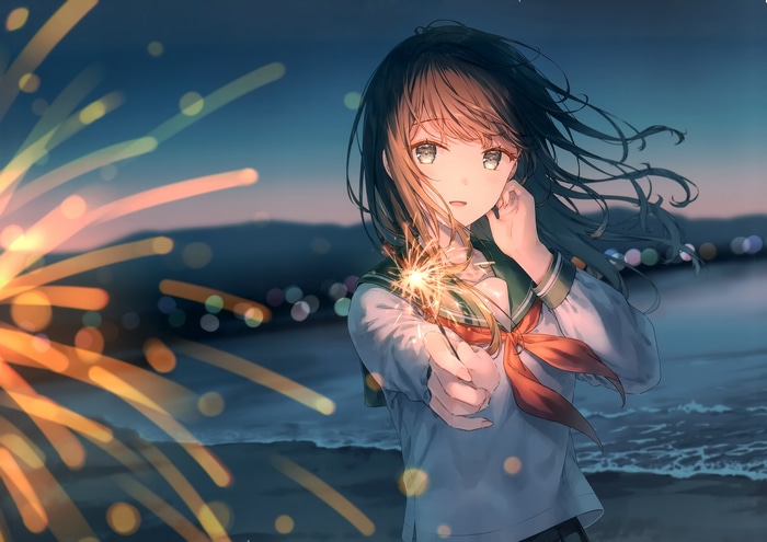 Anime girl with sparkler on beach at night