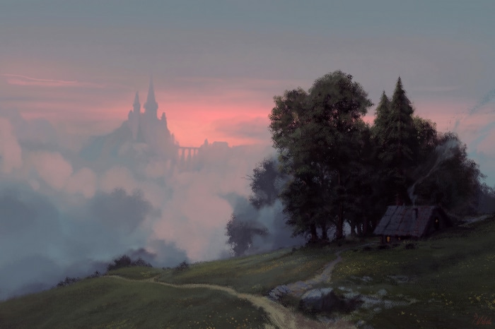 Fantasy castle above clouds with a cabin in the foreground