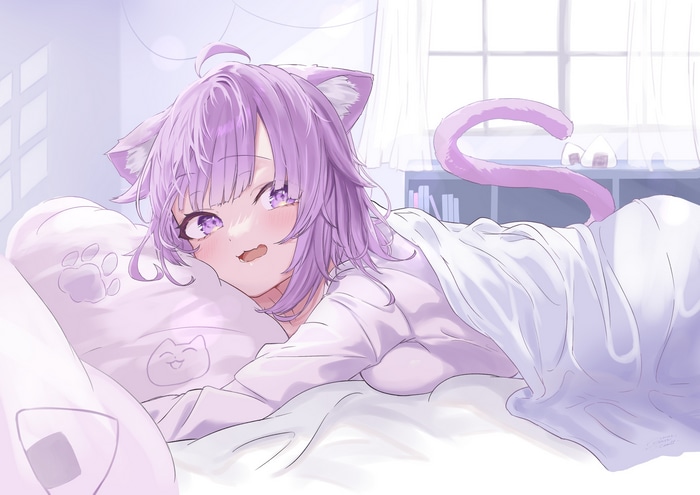 Anime girl with purple hair and cat ears in bed