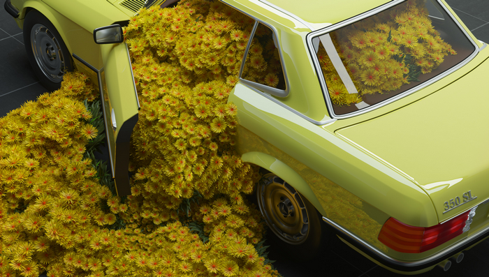 Yellow Mercedes-Benz 350 SL overflowing with yellow flowers
