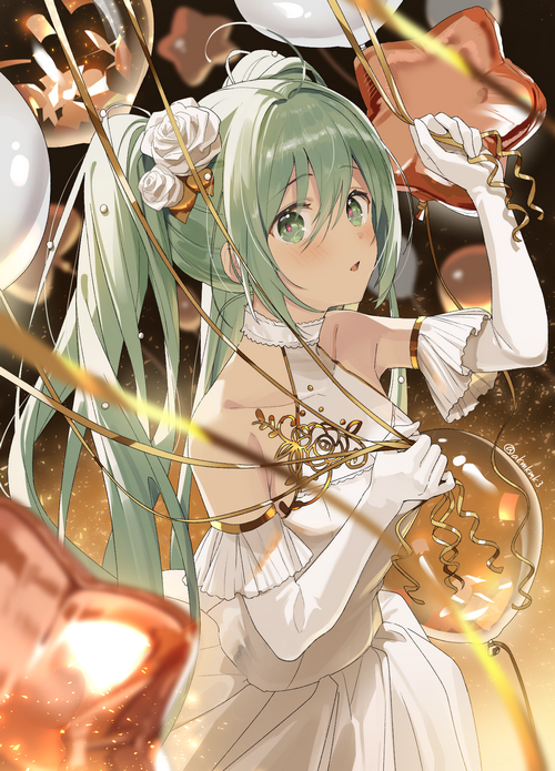 Hatsune Miku in a white dress with balloons