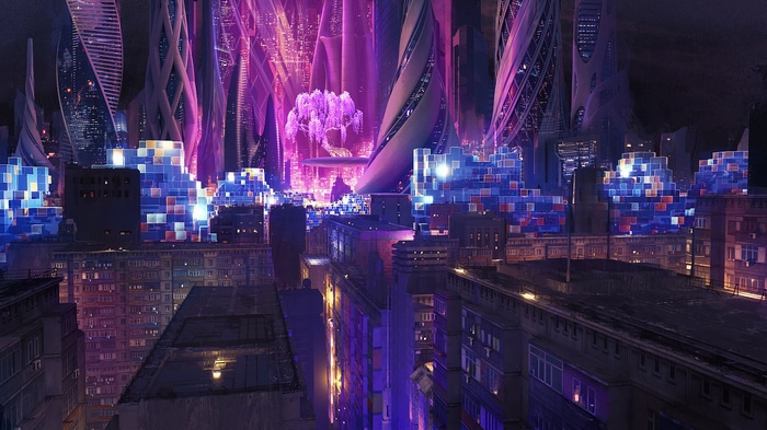 Futuristic city with glowing buildings and trees