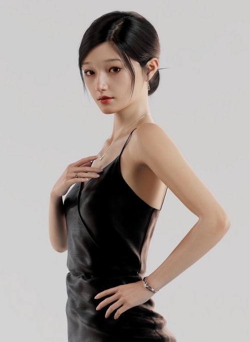 Asian woman in black dress with jewelry
