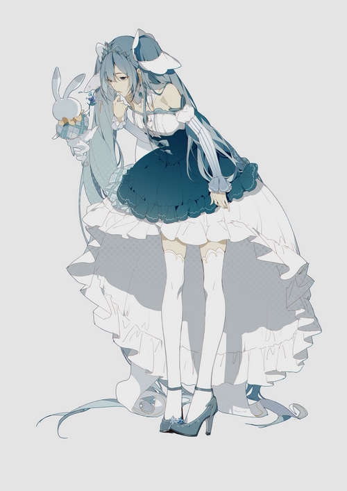 Hatsune Miku in a blue and white dress holding a bunny plush