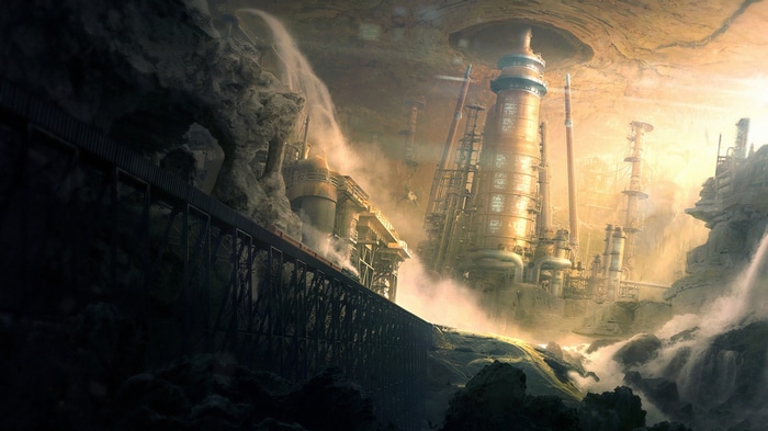 Futuristic underground industrial complex with train