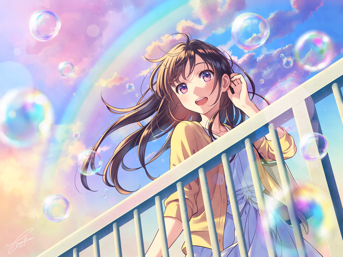 Anime girl with bubbles and rainbow in the sky