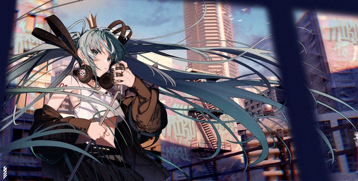 4K Hatsune Miku singing with headphones and microphone