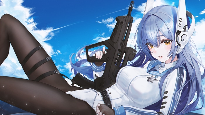 Girl with blue hair holding a gun