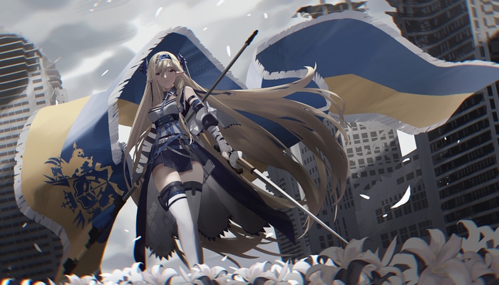 Arknights blonde girl with flag and weapon