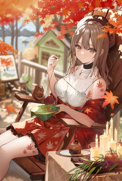 Anime girl sewing with autumn leaves and candles