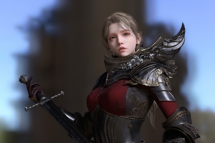 Woman knight in armor holding a sword