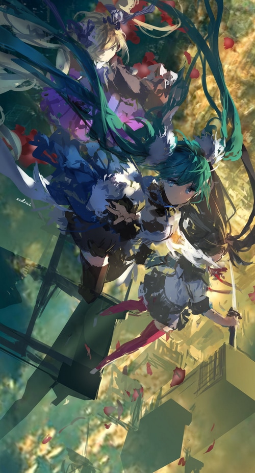 Hatsune Miku and friends in a dynamic battle