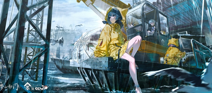 4K anime girls in yellow raincoats on a boat