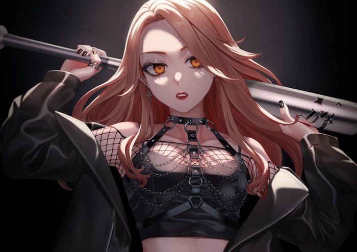 Anime girl with baseball bat and fishnet top