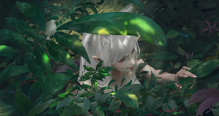 Fantasy girl with pointy ears in a forest