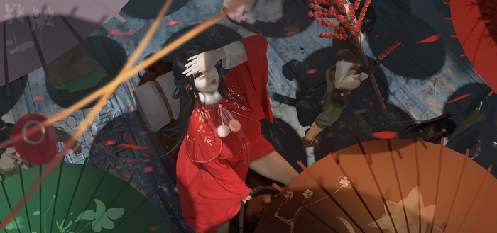 Woman in red dress with umbrellas