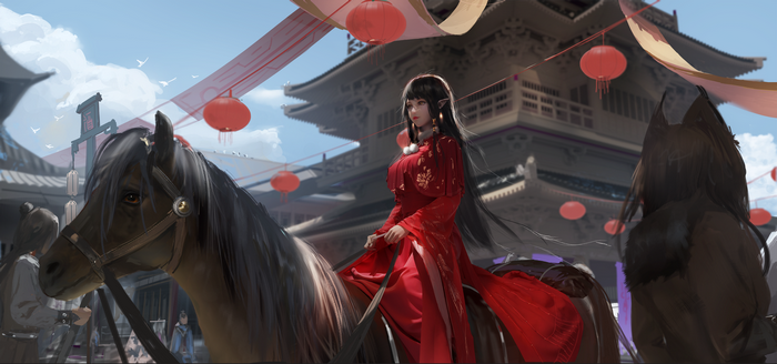 Fantasy girl in red dress riding a horse