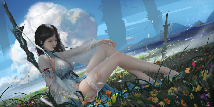 Fantasy girl with sword in a field of flowers