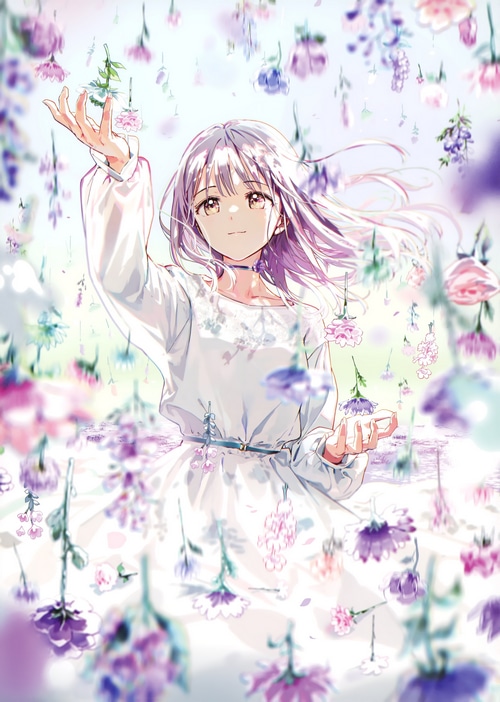 Girl in white dress surrounded by hanging flowers