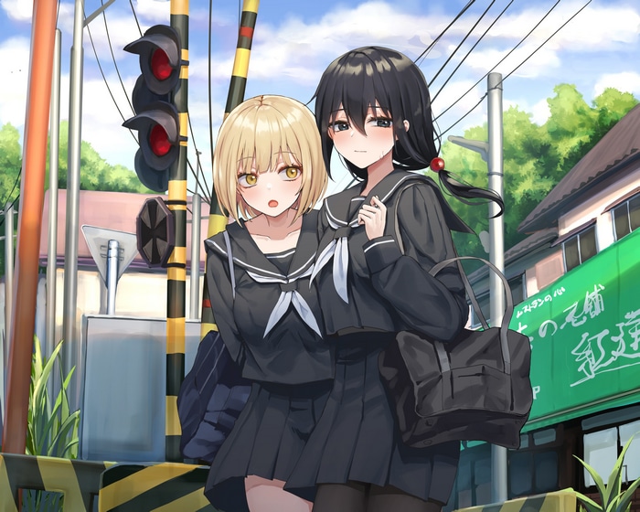 Anime girls in school uniforms at a railroad crossing