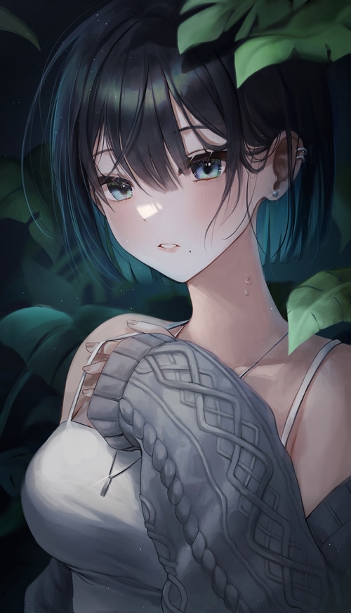 Anime girl with dark hair and green eyes