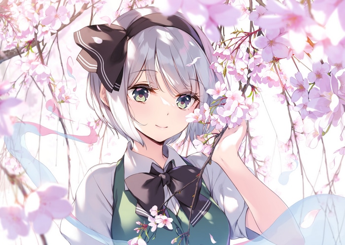 Touhou: Youmu Konpaku among cherry blossoms