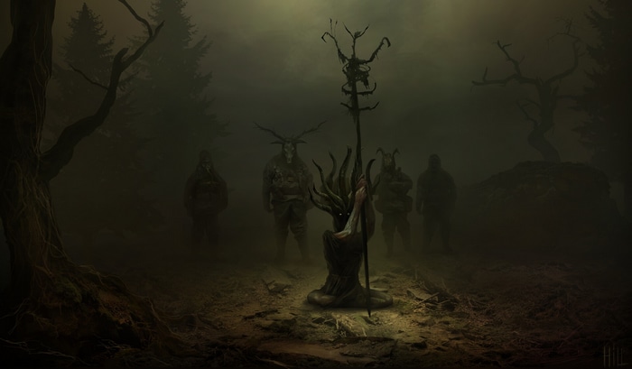 Figures in gas masks and a central figure with a staff in a misty forest