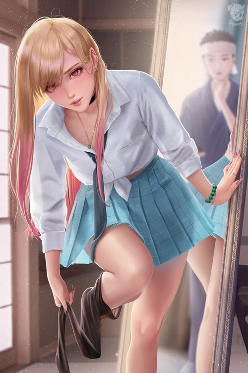 Kitagawa Marin in school uniform by a mirror