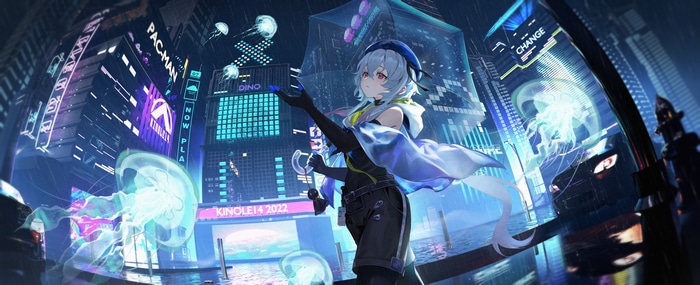 Mizuki from Arknights in a rainy cyberpunk city with jellyfish