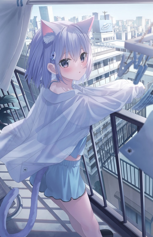 Anime cat girl on a balcony overlooking a city
