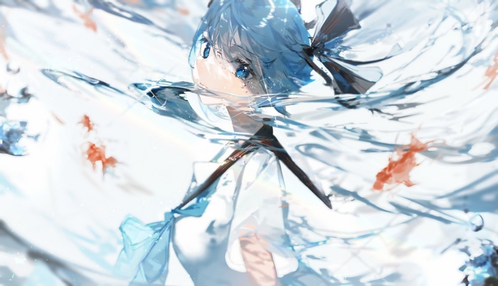 Hatsune Miku in water with fish