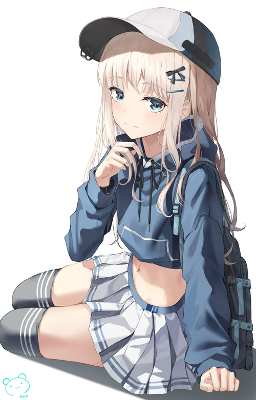 Anime girl with blue eyes wearing a blue hoodie and skirt