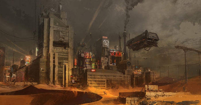Futuristic desert city with flying vehicle