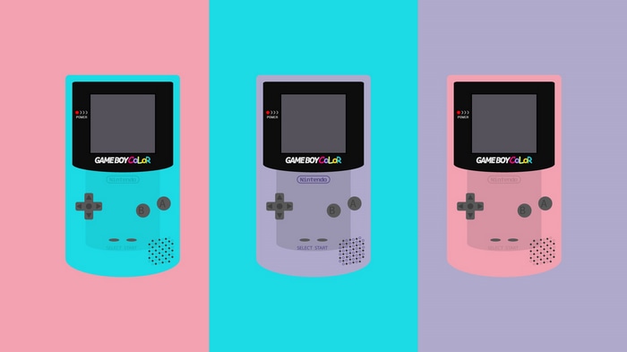 Three pastel Game Boy Color consoles on a tri-colored background