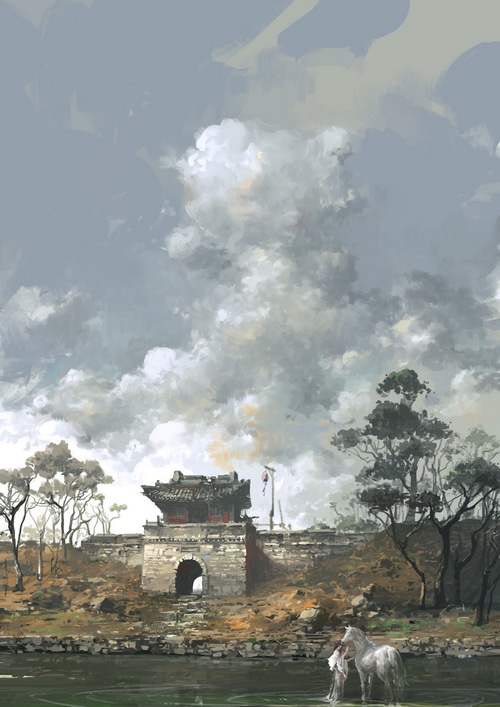 A woman and a horse by a Chinese gate