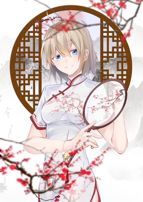 Olivia in a Chinese dress holding a fan